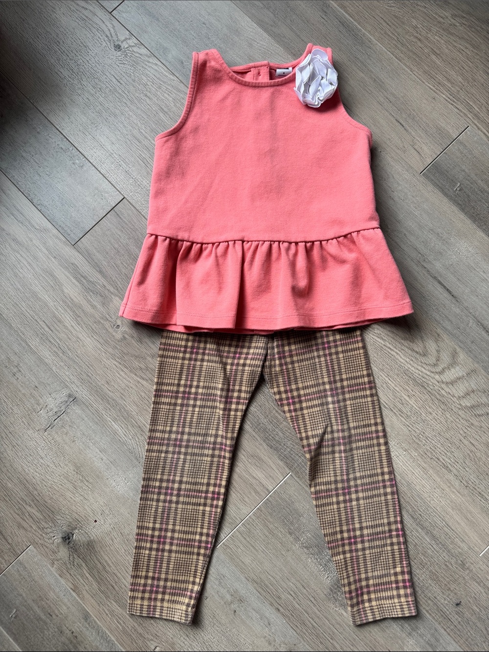 Janie and Jack Coral Pink Peplum Top with Plaid Leggings Set